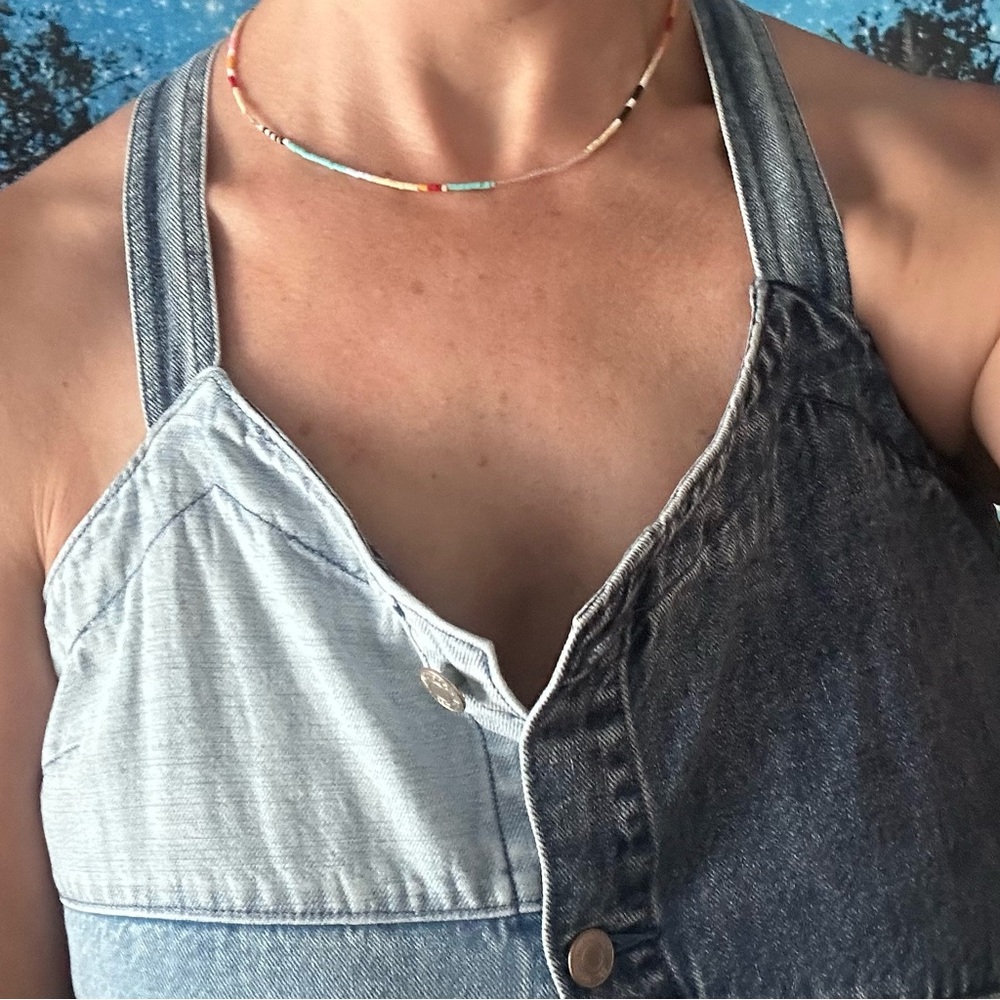 GAP Sleeveless Patchwork Denim Midi Dress in Light and Medium Blue - Picture 10 of 10
